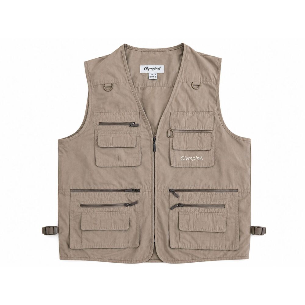 OlympinA Men's Small Fishing Vest Khaki Brown Hunting Camping Utility Pockets